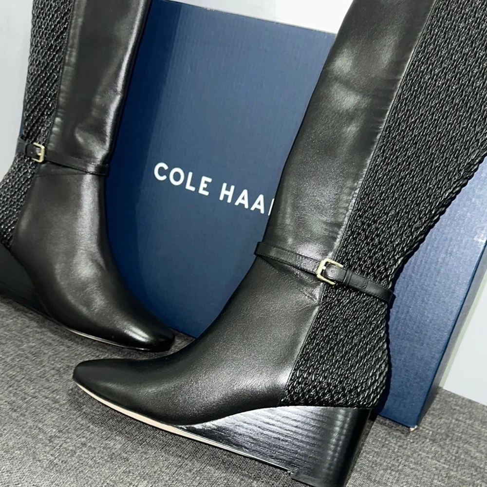 Size 5 B Women Shoes Cole Haan Lauralyn Stretch Wedge Boot Mid Calf Black W15655 - Picture 3 of 5